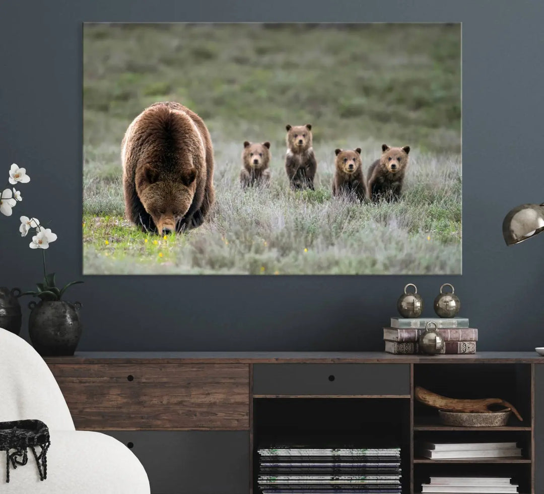 Queen of the Tetons, 399 Grizzly Bear Cubs Canvas Wall Art Print, Majestic Wildlife Photography Canvas Print of Grizzly 399 for Rustic Decor