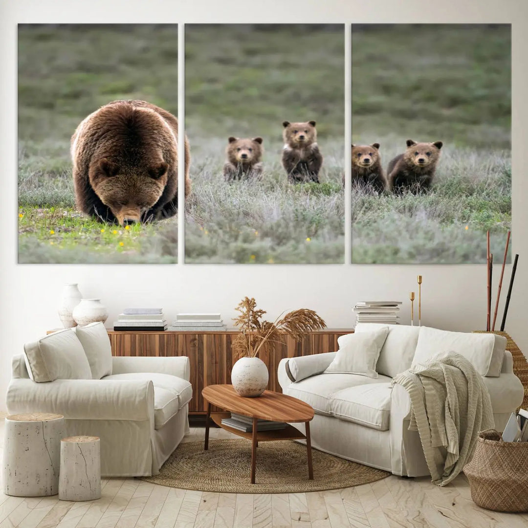 Queen of the Tetons, 399 Grizzly Bear Cubs Canvas Wall Art Print, Majestic Wildlife Photography Canvas Print of Grizzly 399 for Rustic Decor