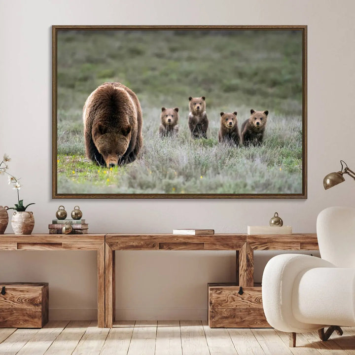 Queen of the Tetons, 399 Grizzly Bear Cubs Canvas Wall Art Print, Majestic Wildlife Photography Canvas Print of Grizzly 399 for Rustic Decor