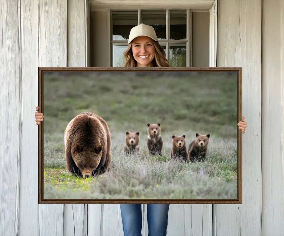 Queen of the Tetons, 399 Grizzly Bear Cubs Canvas Wall Art Print, Majestic Wildlife Photography Canvas Print of Grizzly 399 for Rustic Decor