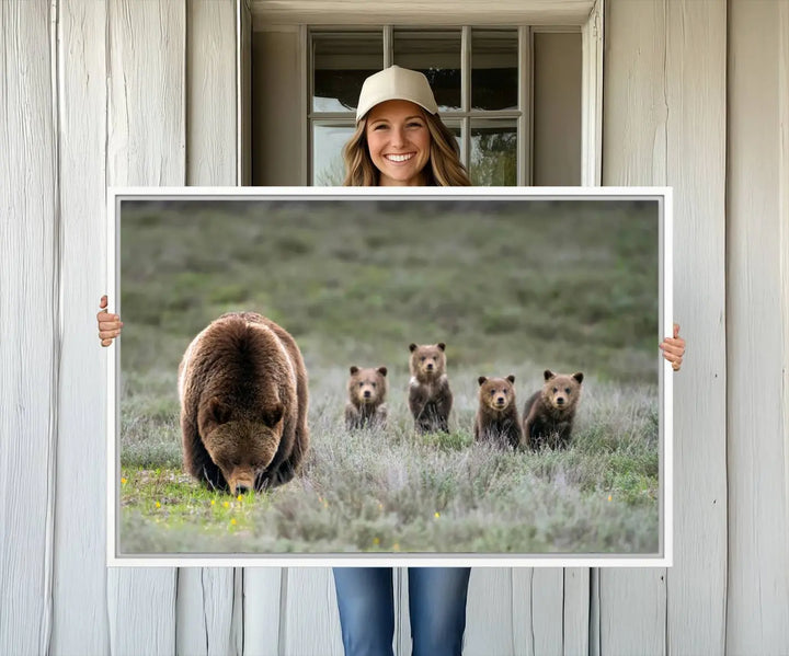 Queen of the Tetons, 399 Grizzly Bear Cubs Canvas Wall Art Print, Majestic Wildlife Photography Canvas Print of Grizzly 399 for Rustic Decor