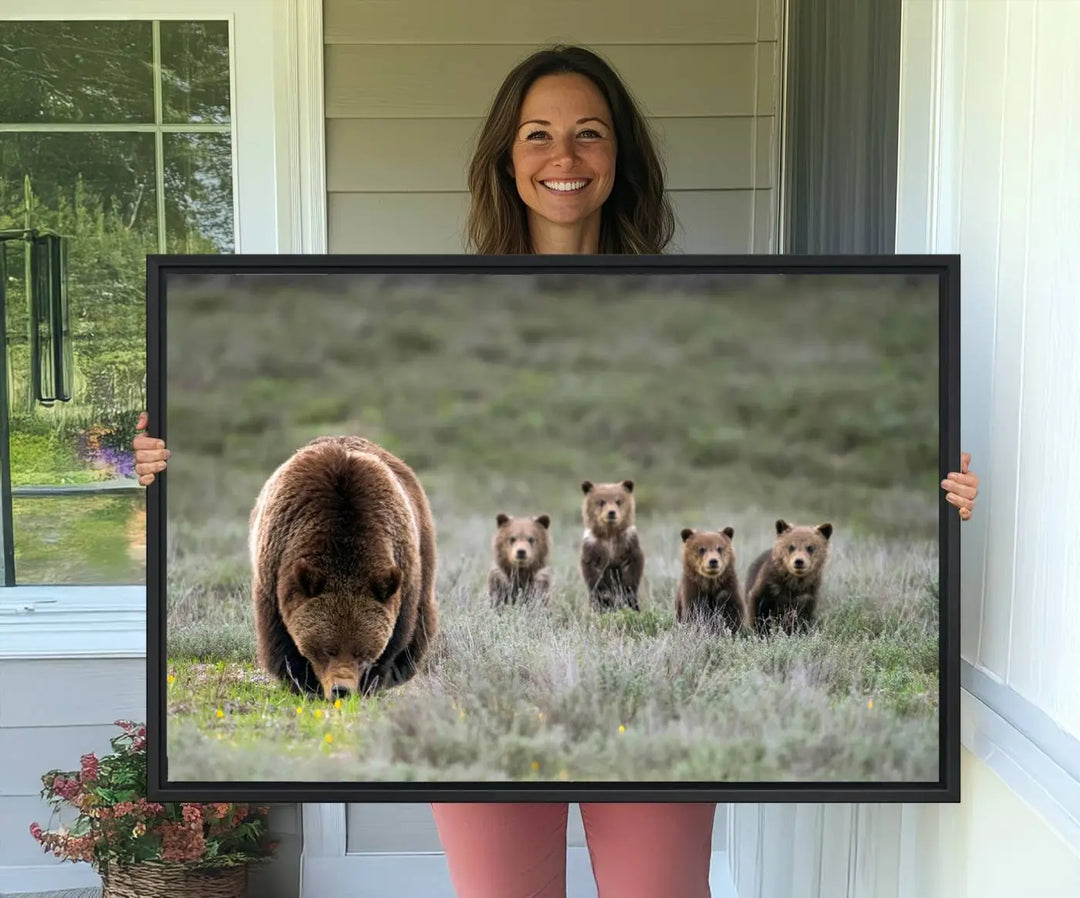 Queen of the Tetons, 399 Grizzly Bear Cubs Canvas Wall Art Print, Majestic Wildlife Photography Canvas Print of Grizzly 399 for Rustic Decor