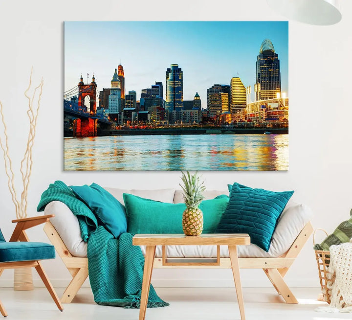 Beautiful Cincinnati City Skyline Wall Art Cityscape Canvas Print Framed