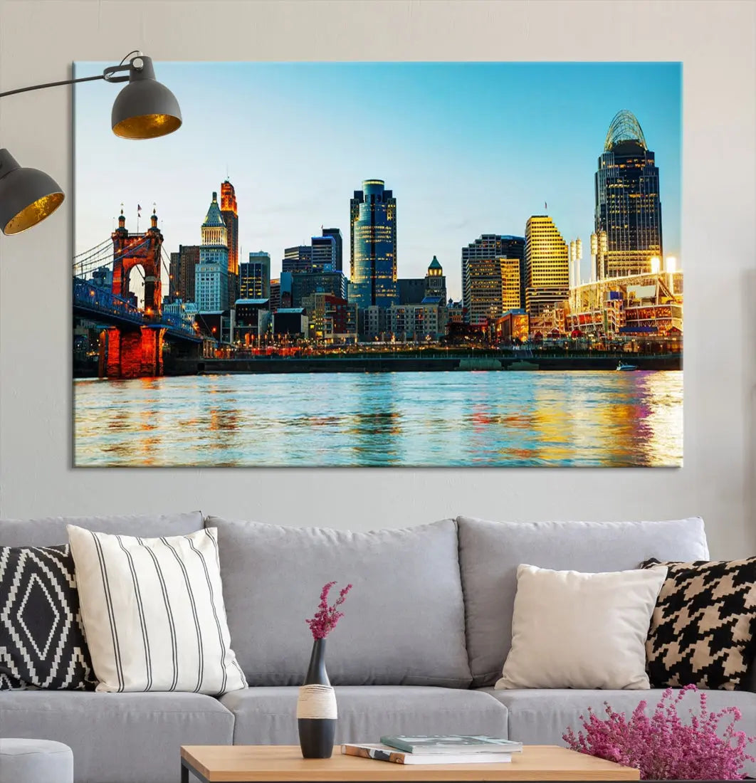 Beautiful Cincinnati City Skyline Wall Art Cityscape Canvas Print Framed