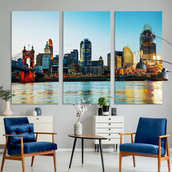 Beautiful Cincinnati City Skyline Wall Art Cityscape Canvas Print Framed