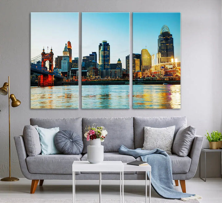 Beautiful Cincinnati City Skyline Wall Art Cityscape Canvas Print Framed