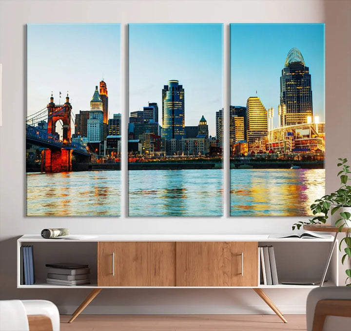 Beautiful Cincinnati City Skyline Wall Art Cityscape Canvas Print Framed