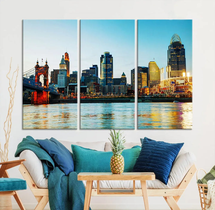 Beautiful Cincinnati City Skyline Wall Art Cityscape Canvas Print Framed