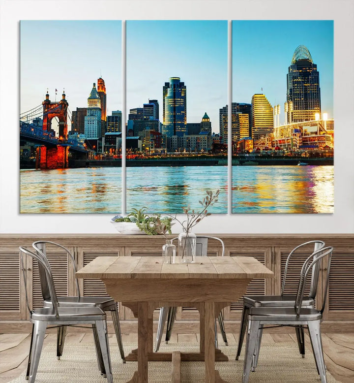 Beautiful Cincinnati City Skyline Wall Art Cityscape Canvas Print Framed