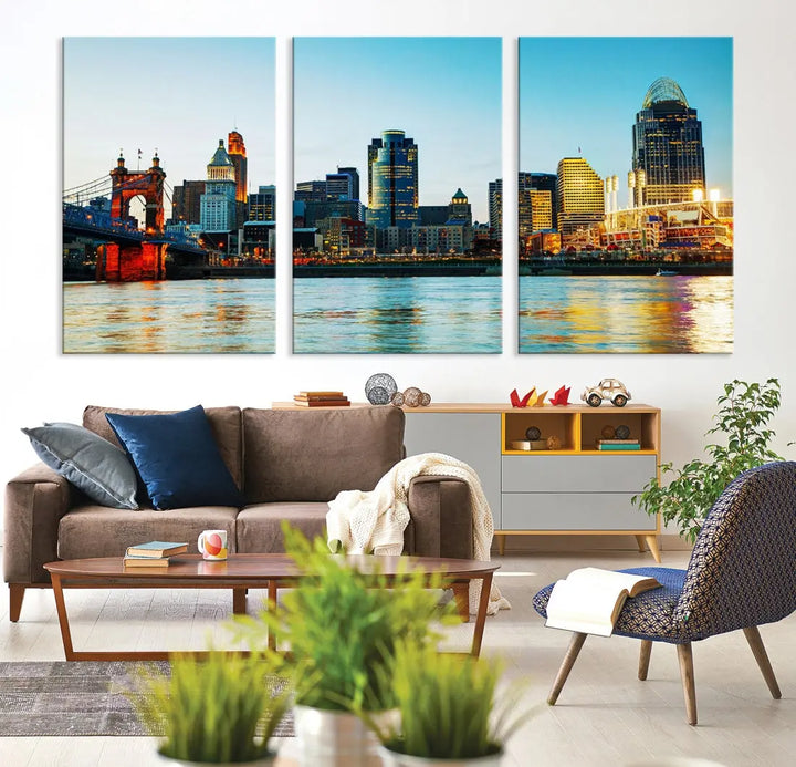 Beautiful Cincinnati City Skyline Wall Art Cityscape Canvas Print Framed