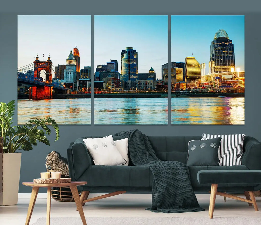 Beautiful Cincinnati City Skyline Wall Art Cityscape Canvas Print Framed