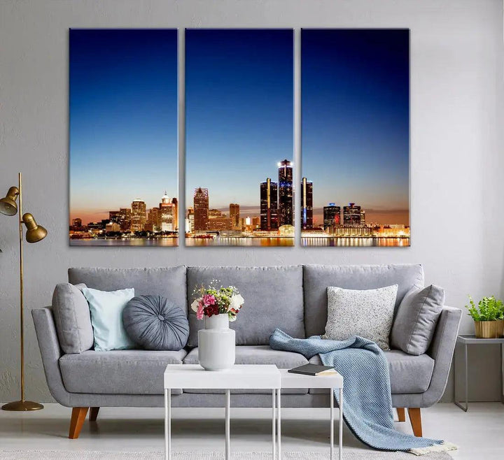 Beautiful Detroit City Lights Dawn Skyline Picture Large Wall Art Canvas Print