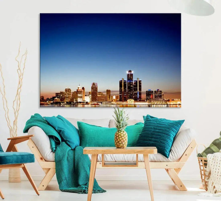 Beautiful Detroit City Lights Dawn Skyline Picture Large Wall Art Canvas Print