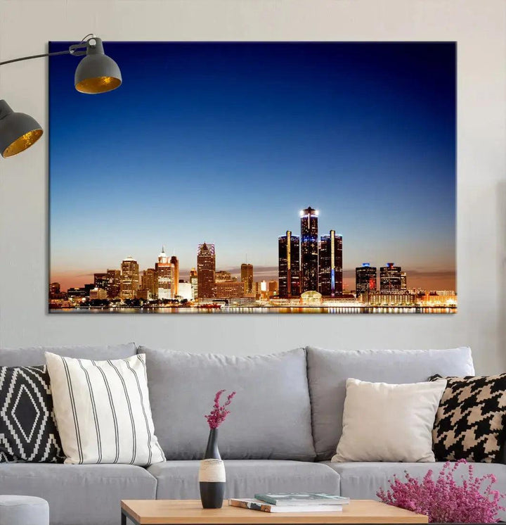 Beautiful Detroit City Lights Dawn Skyline Picture Large Wall Art Canvas Print