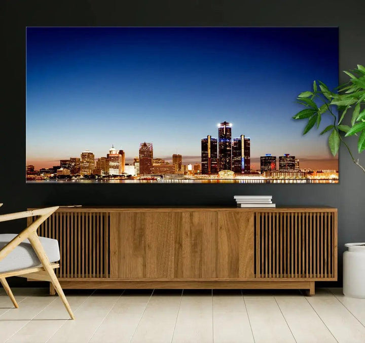 Beautiful Detroit City Lights Dawn Skyline Picture Large Wall Art Canvas Print