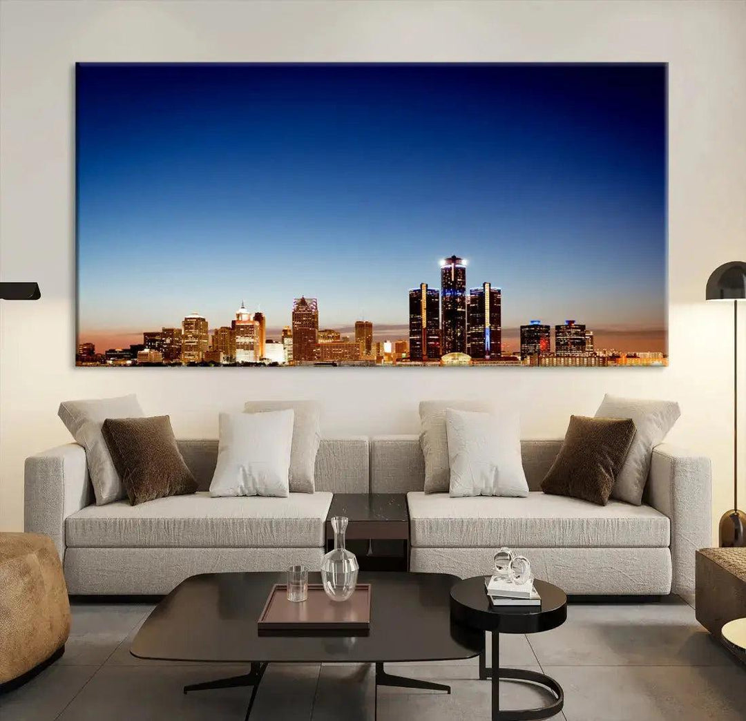 Beautiful Detroit City Lights Dawn Skyline Picture Large Wall Art Canvas Print