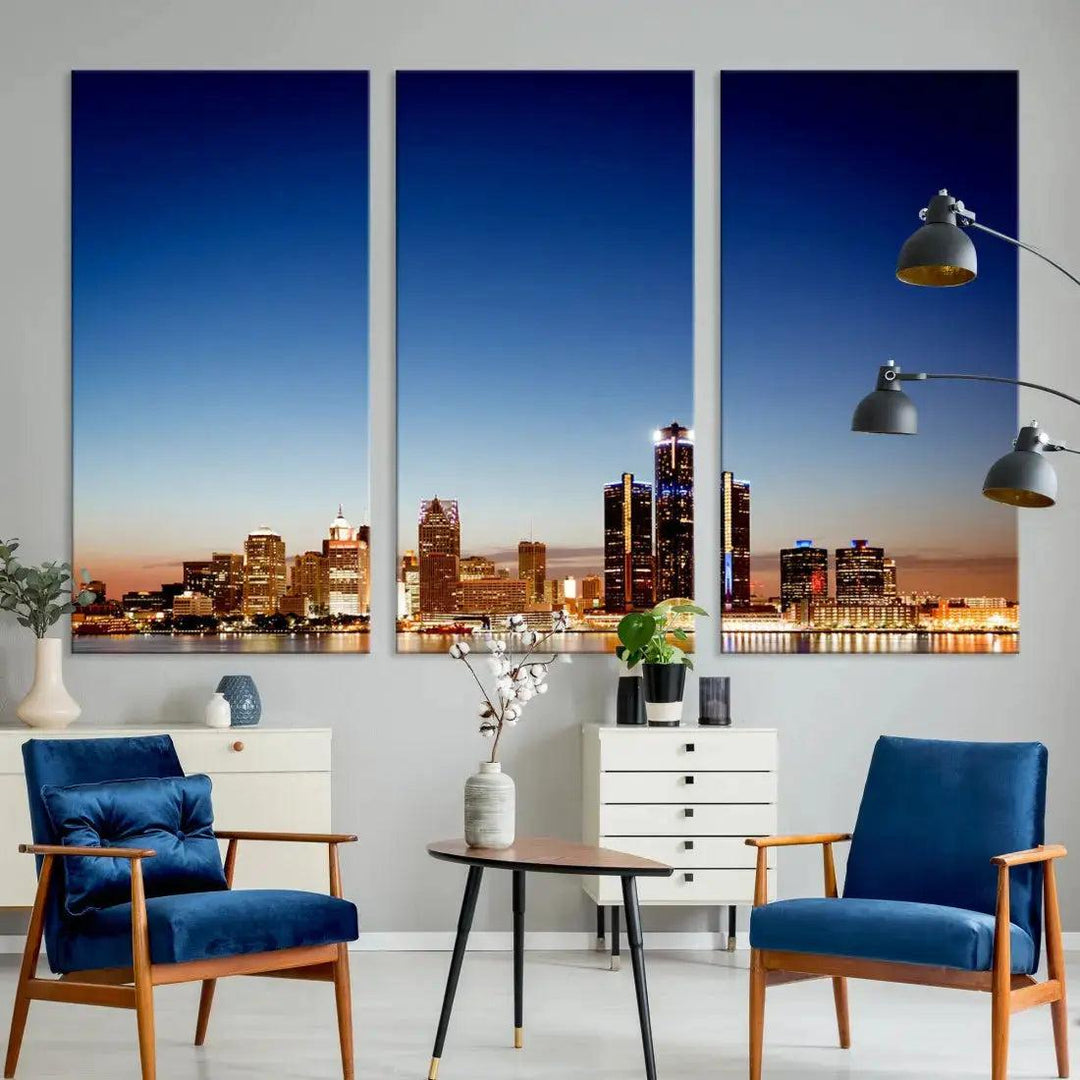 Beautiful Detroit City Lights Dawn Skyline Picture Large Wall Art Canvas Print