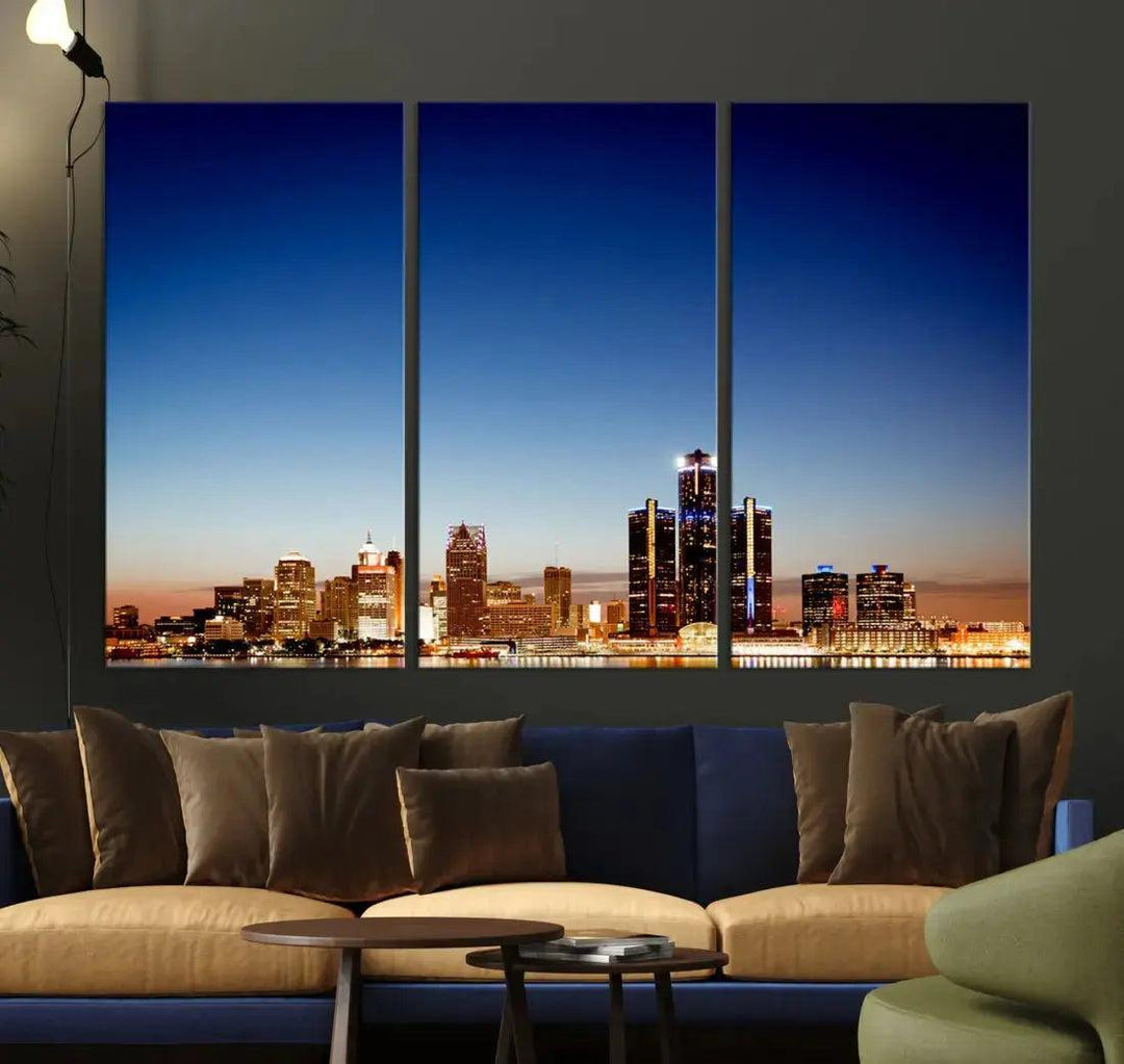 Beautiful Detroit City Lights Dawn Skyline Picture Large Wall Art Canvas Print