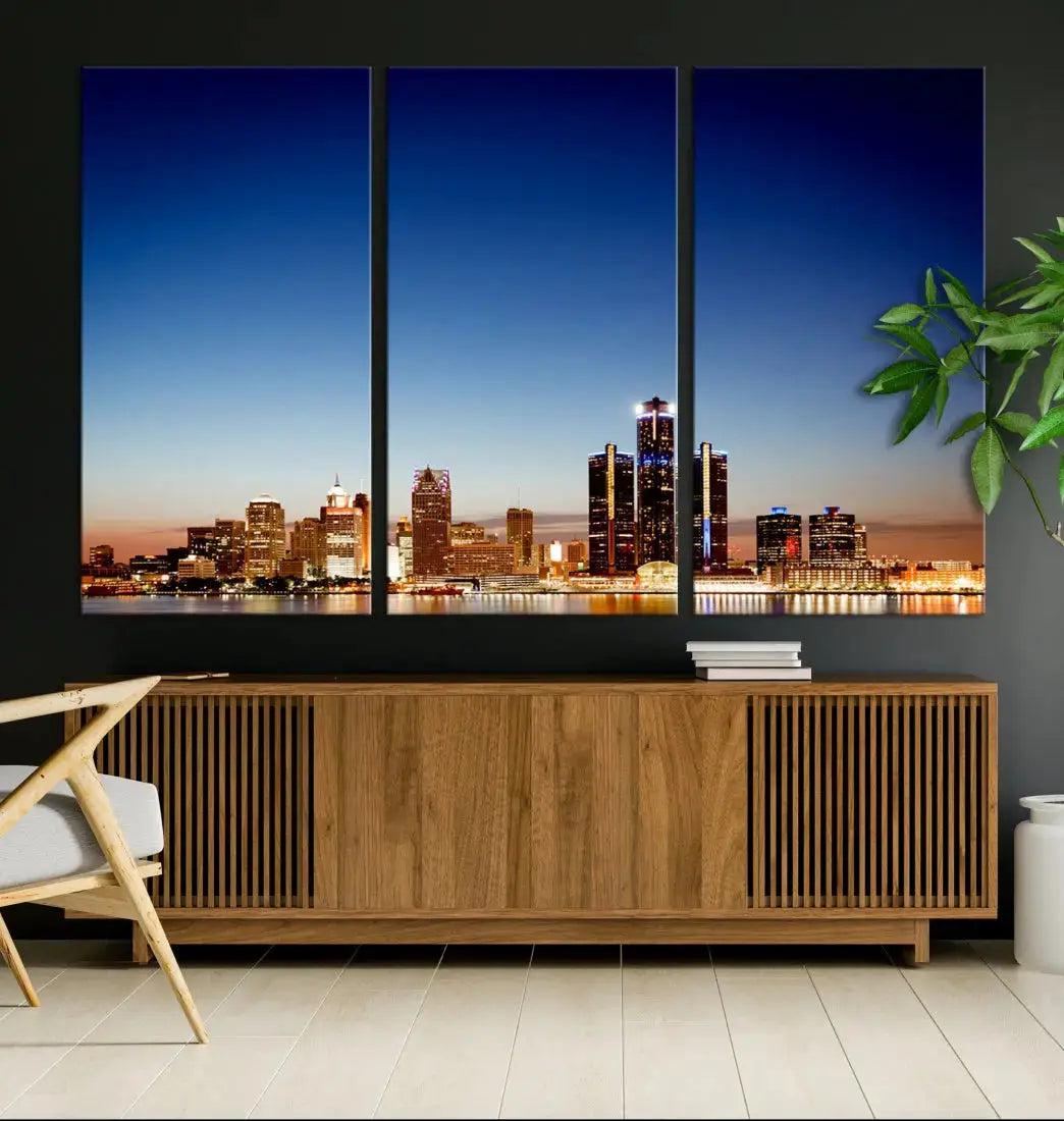 Beautiful Detroit City Lights Dawn Skyline Picture Large Wall Art Canvas Print