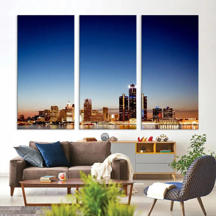 Beautiful Detroit City Lights Dawn Skyline Picture Large Wall Art Canvas Print