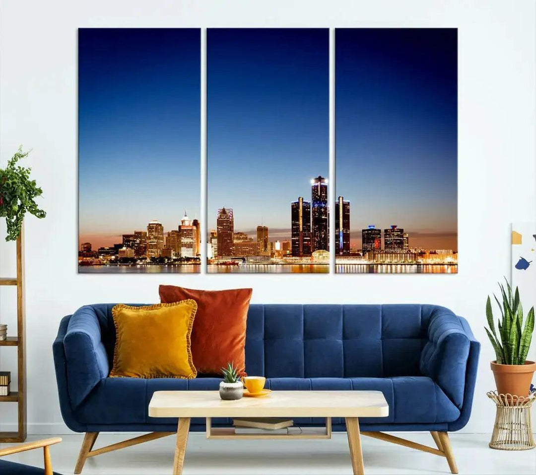 Beautiful Detroit City Lights Dawn Skyline Picture Large Wall Art Canvas Print