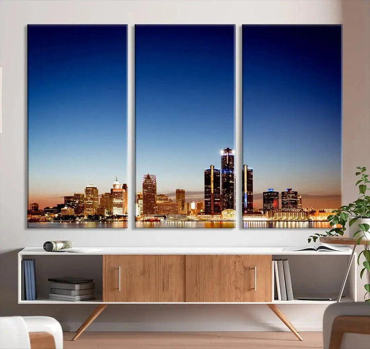 Beautiful Detroit City Lights Dawn Skyline Picture Large Wall Art Canvas Print