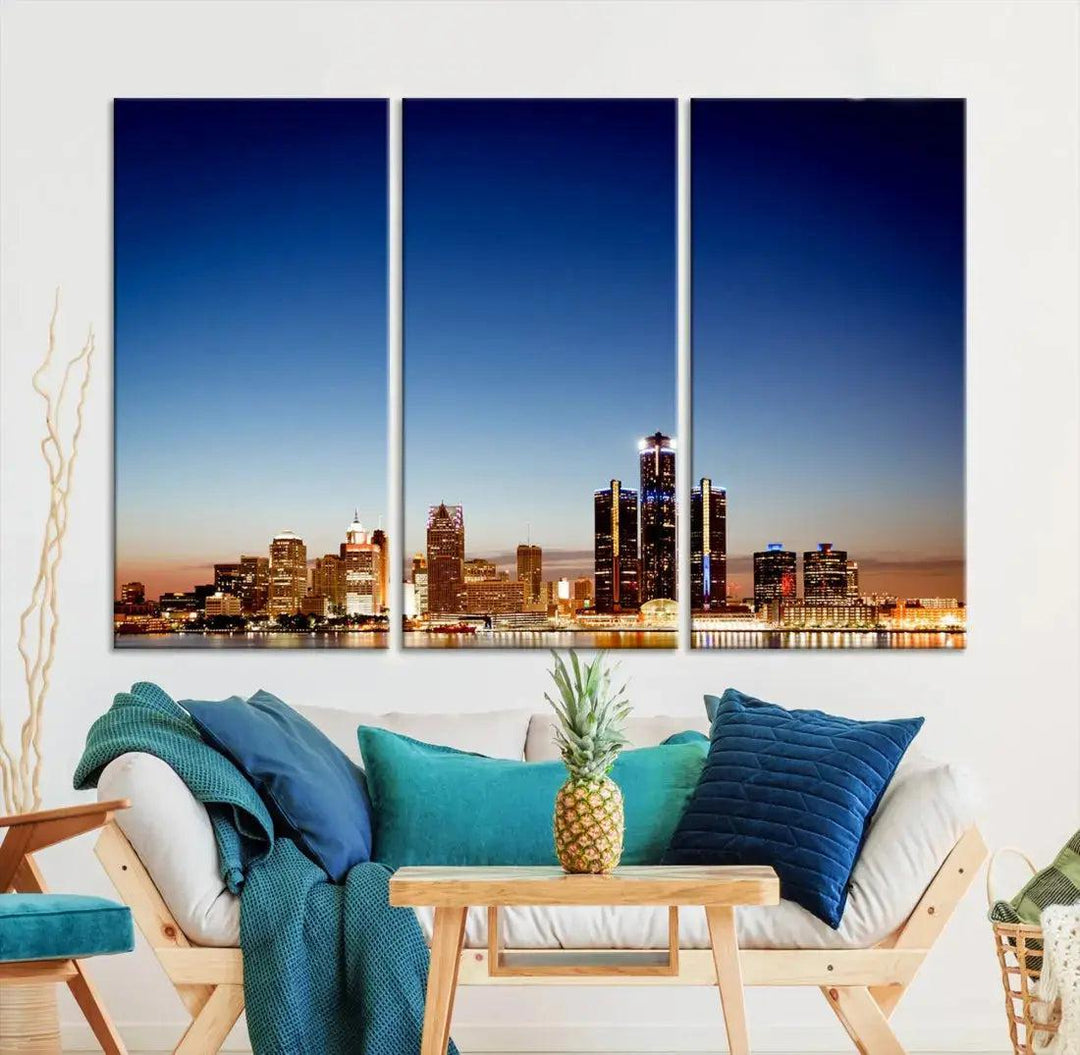 Beautiful Detroit City Lights Dawn Skyline Picture Large Wall Art Canvas Print