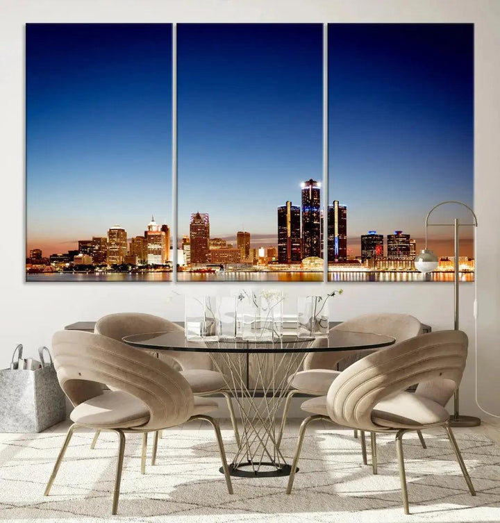 Beautiful Detroit City Lights Dawn Skyline Picture Large Wall Art Canvas Print