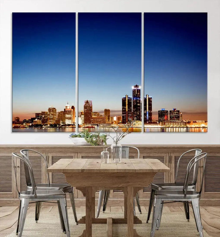 Beautiful Detroit City Lights Dawn Skyline Picture Large Wall Art Canvas Print