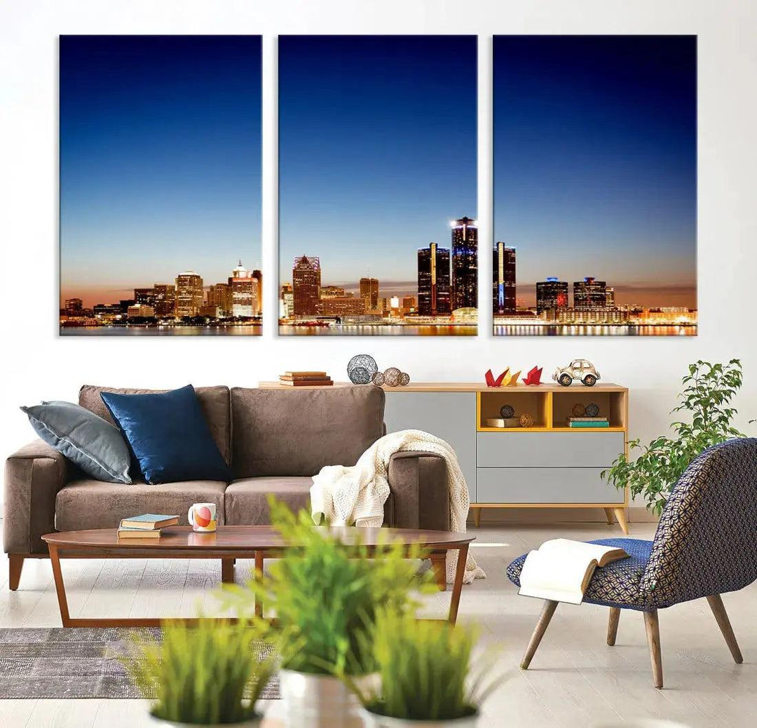 Beautiful Detroit City Lights Dawn Skyline Picture Large Wall Art Canvas Print