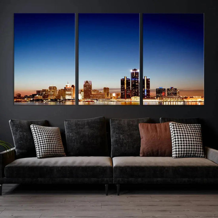 Beautiful Detroit City Lights Dawn Skyline Picture Large Wall Art Canvas Print