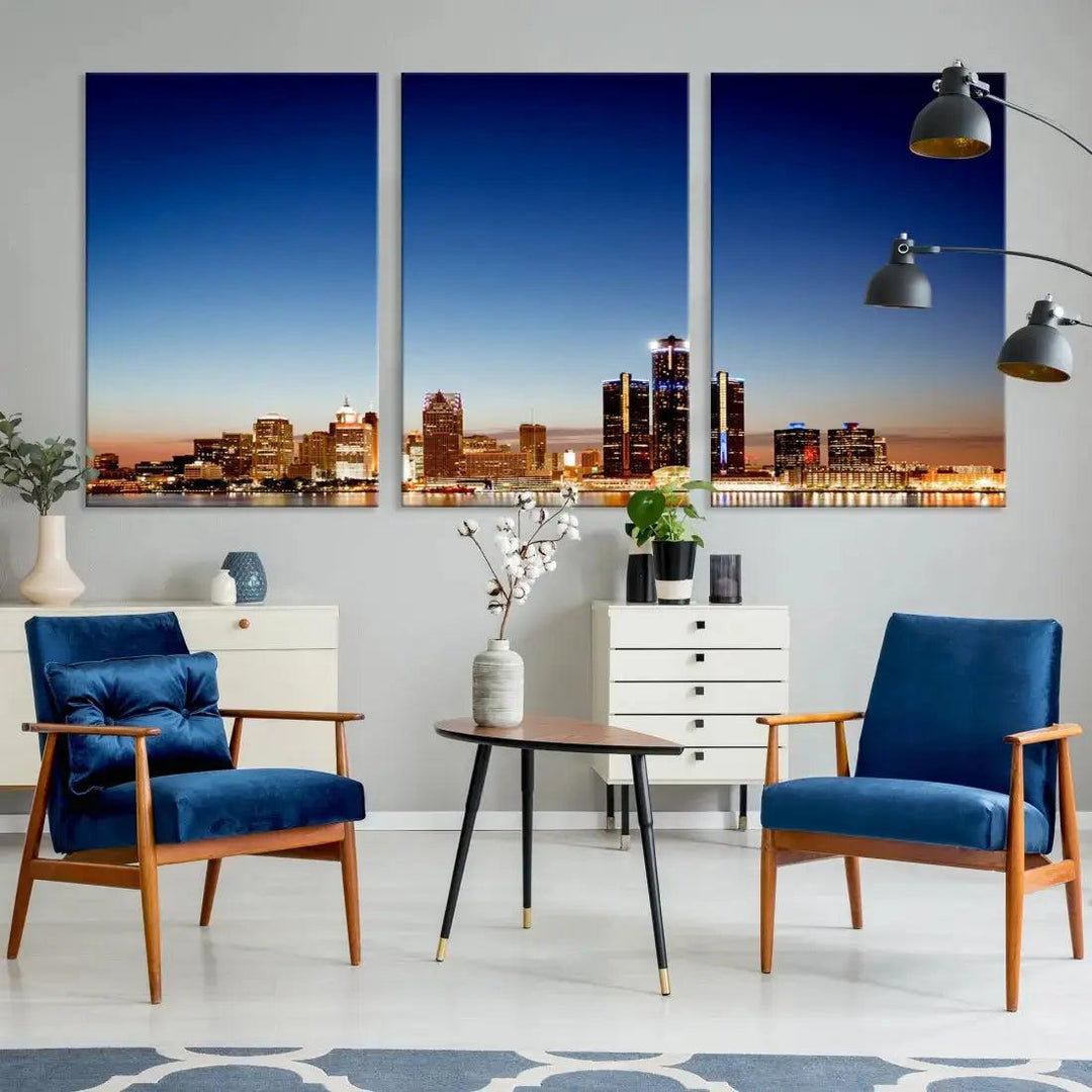 Beautiful Detroit City Lights Dawn Skyline Picture Large Wall Art Canvas Print