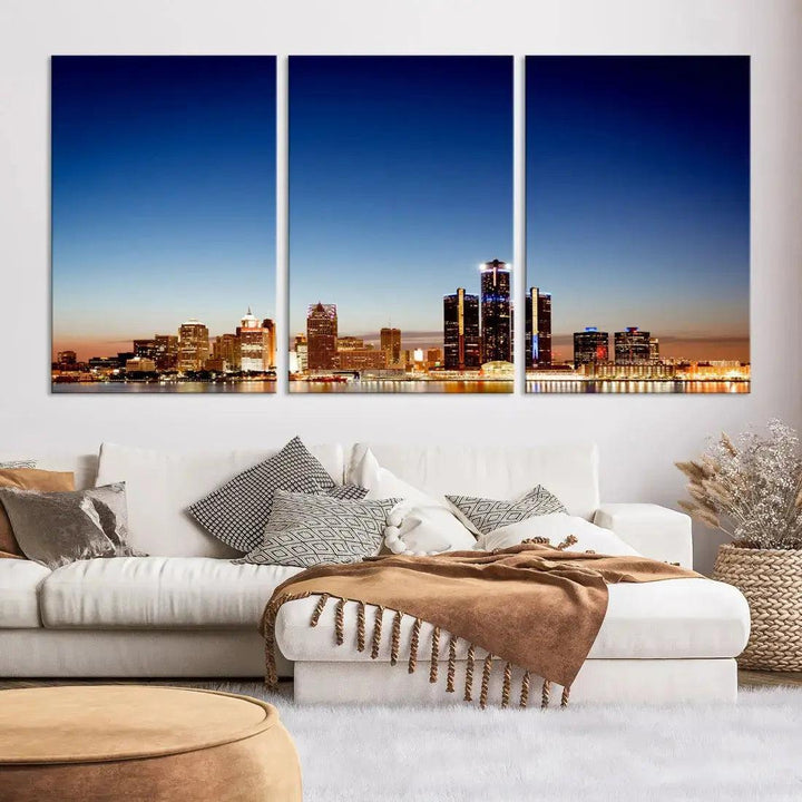 Beautiful Detroit City Lights Dawn Skyline Picture Large Wall Art Canvas Print