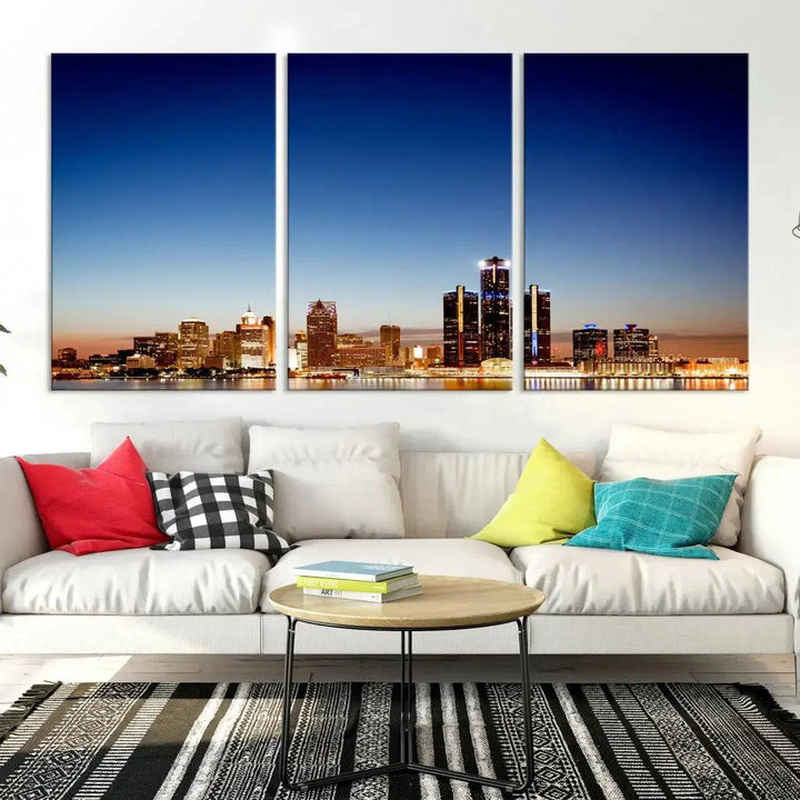 Beautiful Detroit City Lights Dawn Skyline Picture Large Wall Art Canvas Print