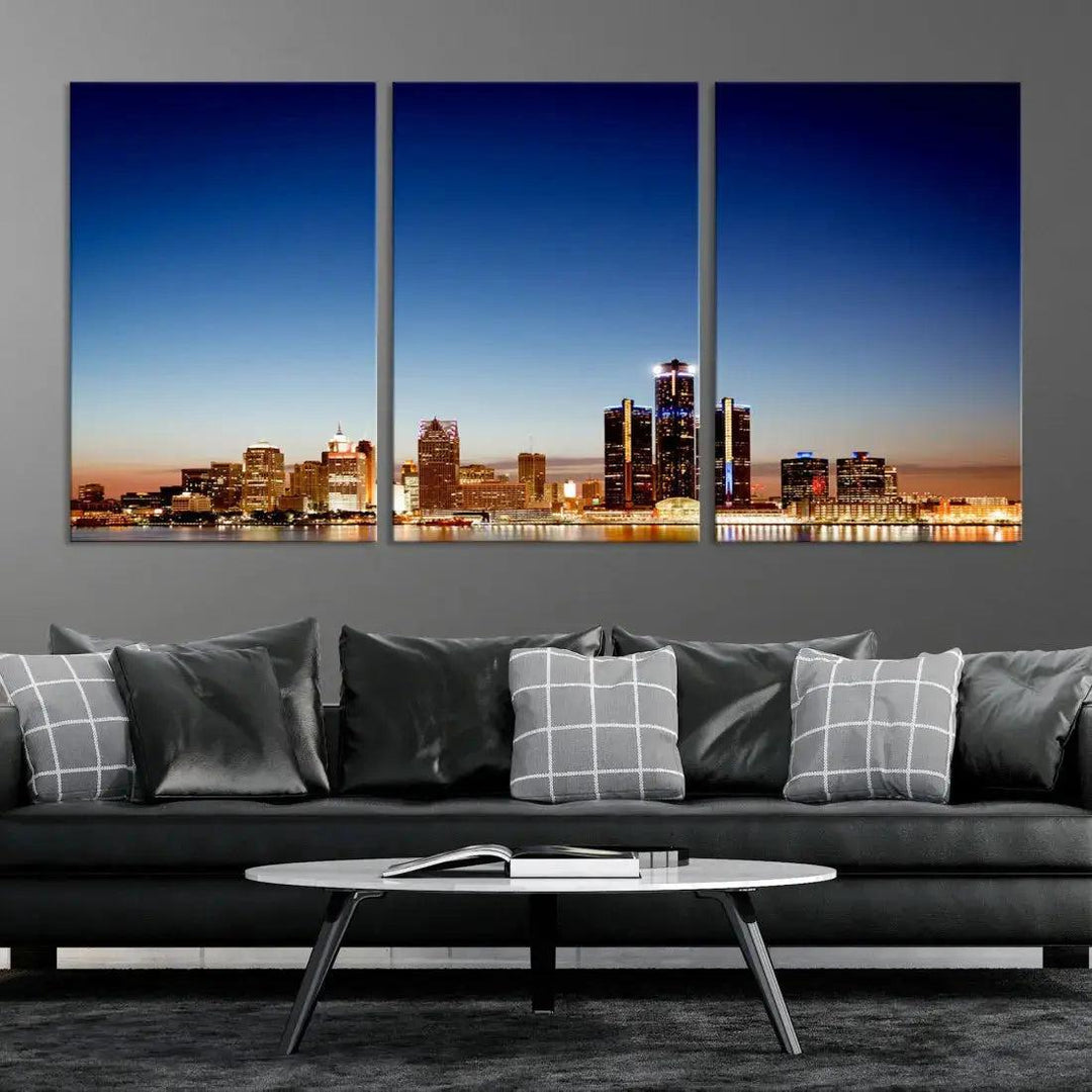 Beautiful Detroit City Lights Dawn Skyline Picture Large Wall Art Canvas Print