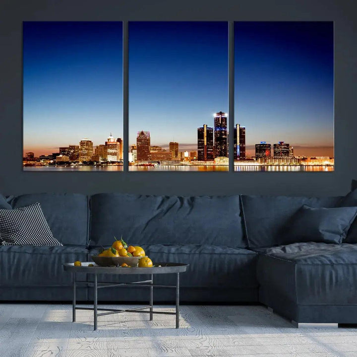 Beautiful Detroit City Lights Dawn Skyline Picture Large Wall Art Canvas Print