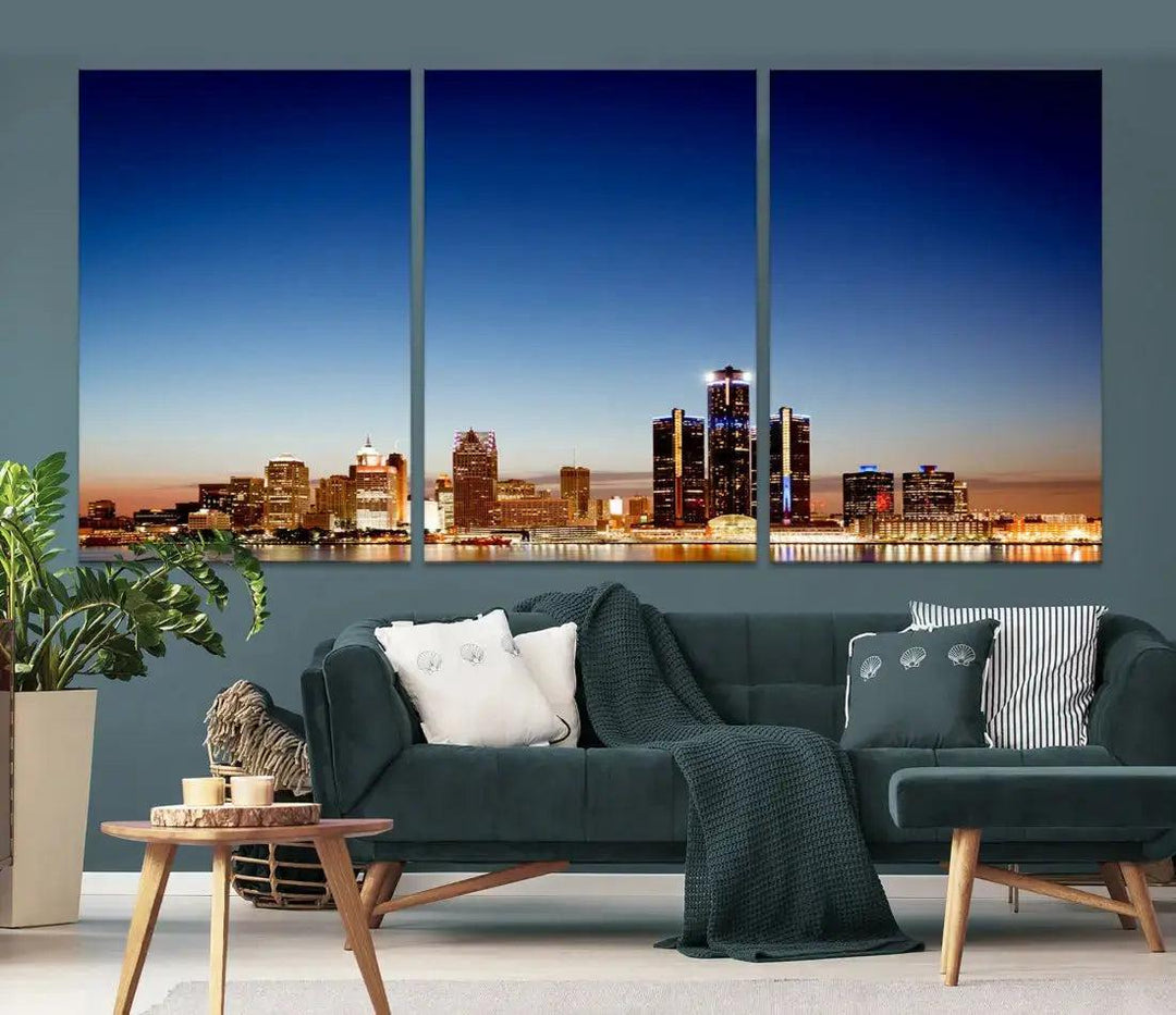 Beautiful Detroit City Lights Dawn Skyline Picture Large Wall Art Canvas Print