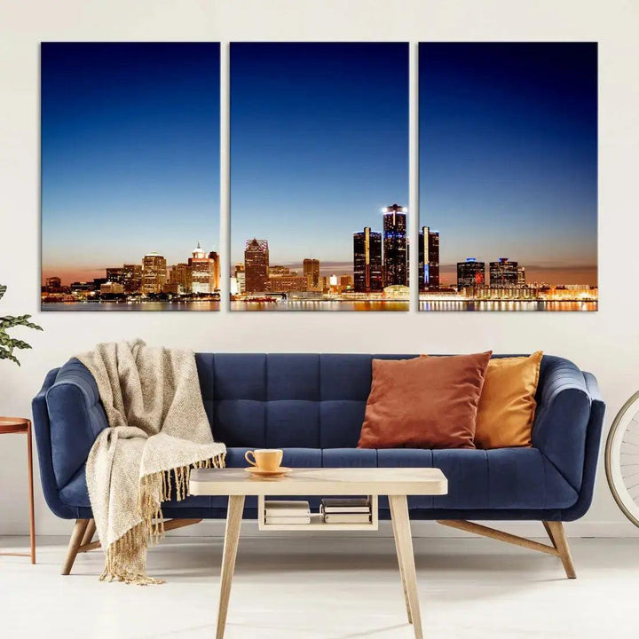 Beautiful Detroit City Lights Dawn Skyline Picture Large Wall Art Canvas Print