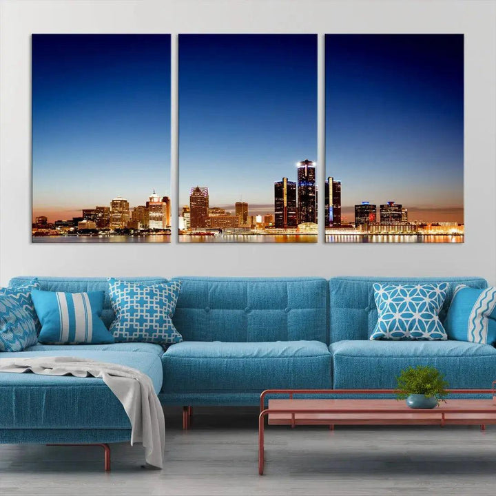 Beautiful Detroit City Lights Dawn Skyline Picture Large Wall Art Canvas Print