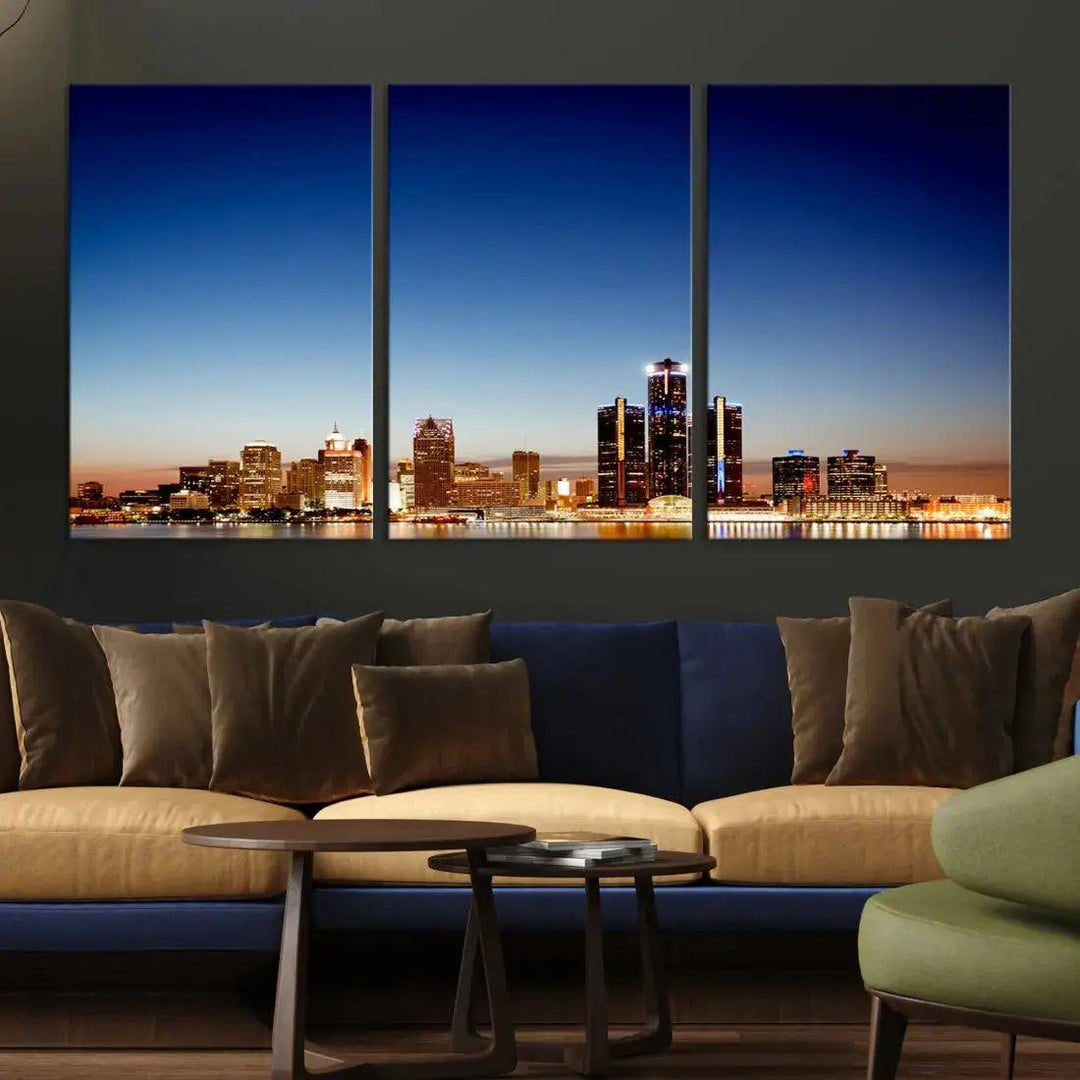 Beautiful Detroit City Lights Dawn Skyline Picture Large Wall Art Canvas Print