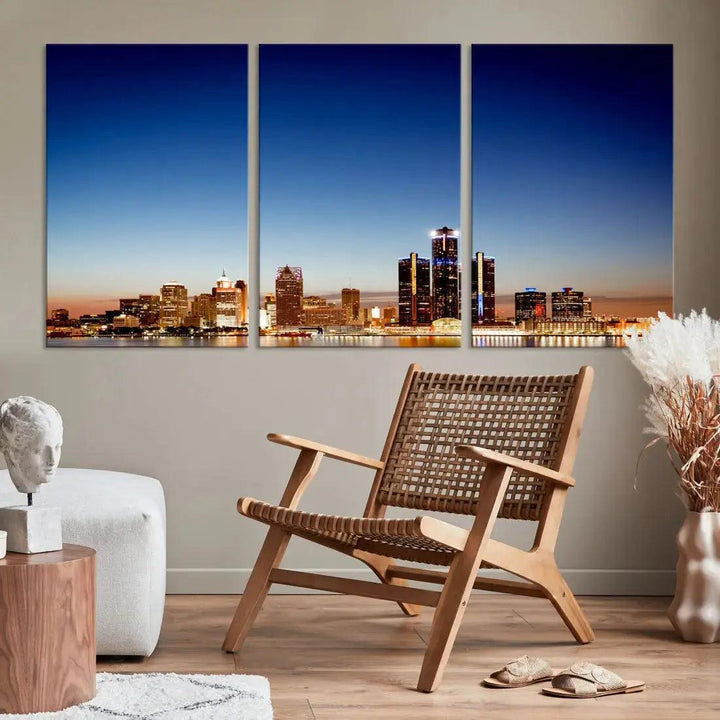 Beautiful Detroit City Lights Dawn Skyline Picture Large Wall Art Canvas Print