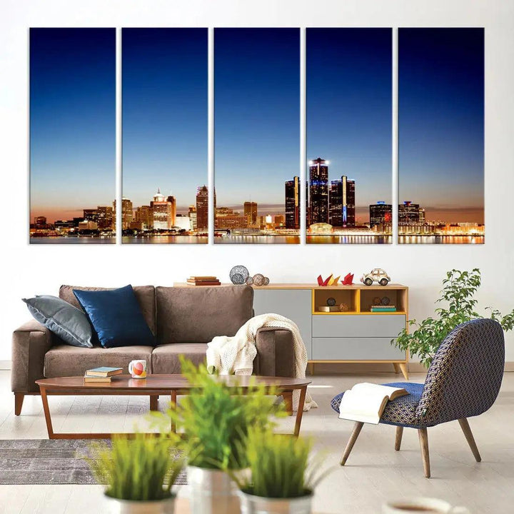 Beautiful Detroit City Lights Dawn Skyline Picture Large Wall Art Canvas Print