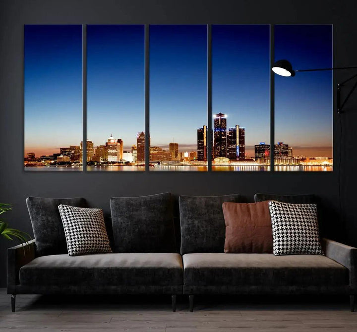 Beautiful Detroit City Lights Dawn Skyline Picture Large Wall Art Canvas Print