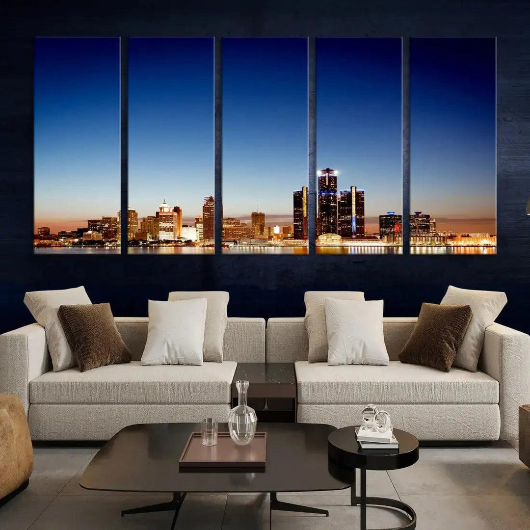 Beautiful Detroit City Lights Dawn Skyline Picture Large Wall Art Canvas Print