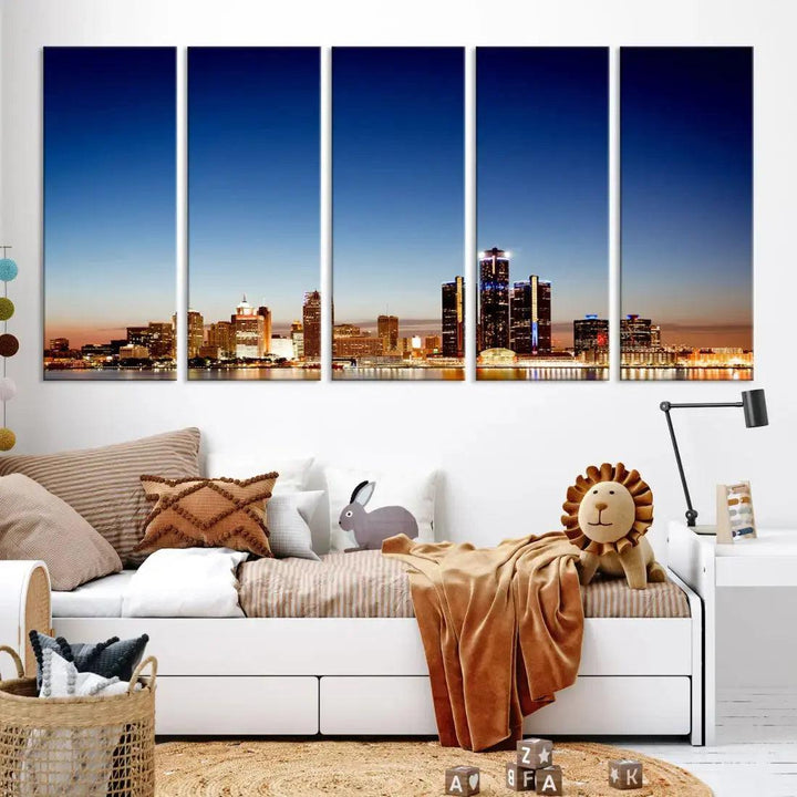 Beautiful Detroit City Lights Dawn Skyline Picture Large Wall Art Canvas Print