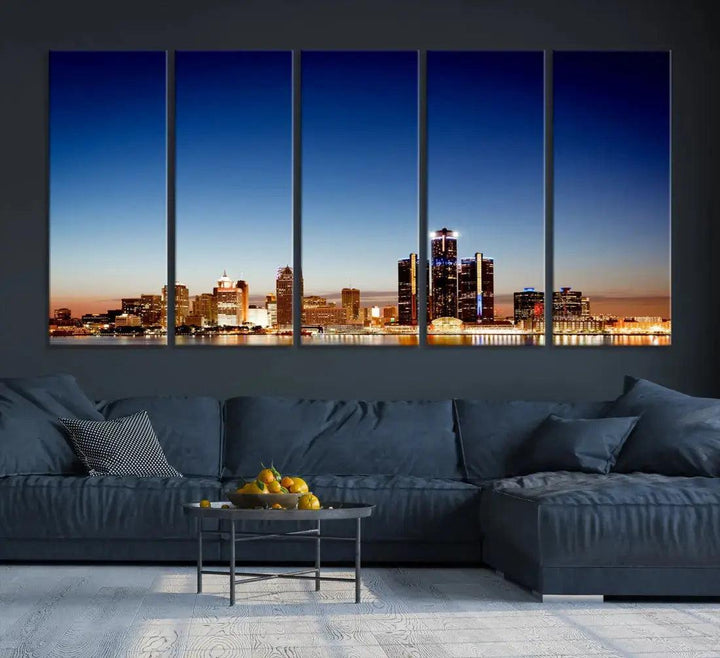 Beautiful Detroit City Lights Dawn Skyline Picture Large Wall Art Canvas Print