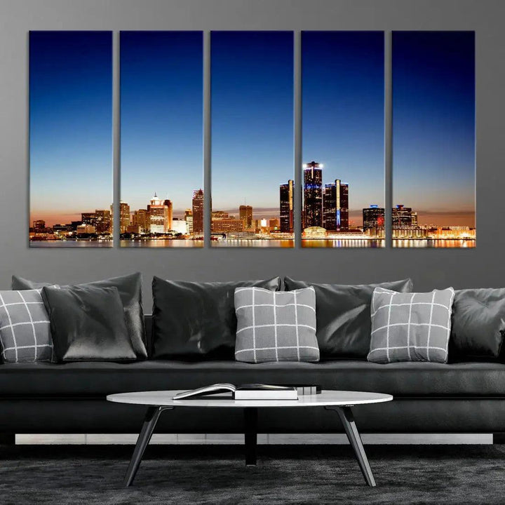 Beautiful Detroit City Lights Dawn Skyline Picture Large Wall Art Canvas Print