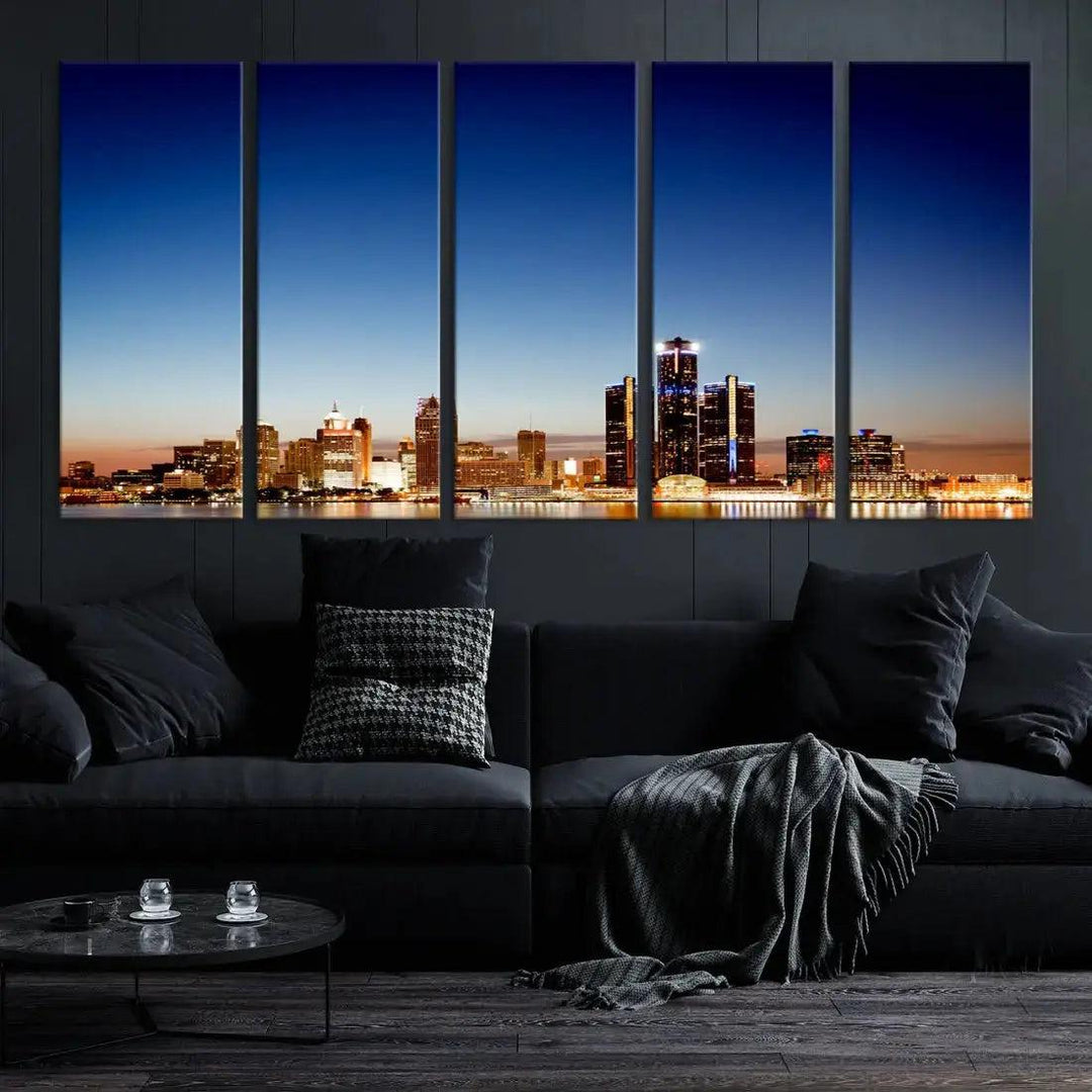 Beautiful Detroit City Lights Dawn Skyline Picture Large Wall Art Canvas Print