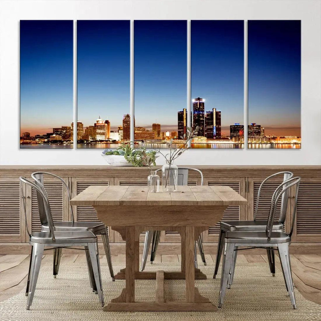 Beautiful Detroit City Lights Dawn Skyline Picture Large Wall Art Canvas Print