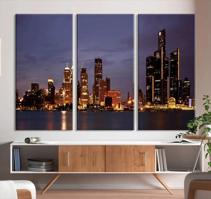 Beautiful Detroit Night Skyline Framed Large Wall Art Canvas Print